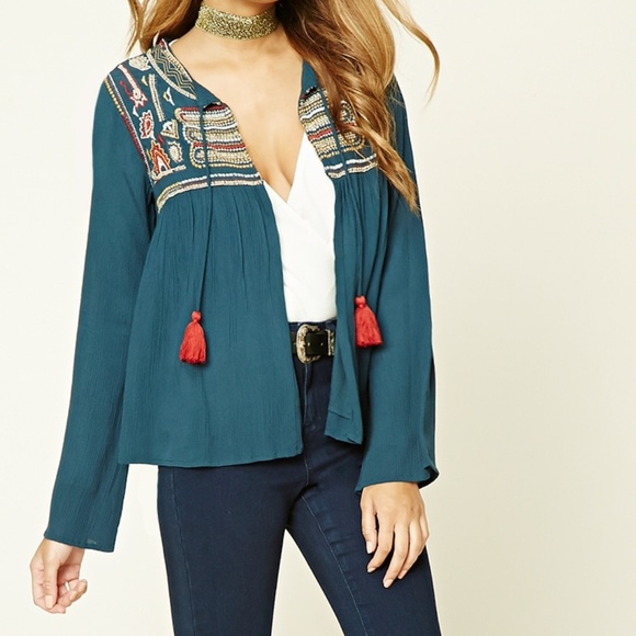 Forever 21 Tops - Embroidered Beaded Peasant Top